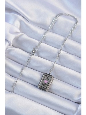 Alvo Store Buğz 316L Çelik Zincir Eskitme Gümüş Renk Pembe Mineli Kalp Figürlü Tarot Kolye - Buğz