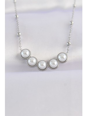 EkoAlışverişDünyam 316L Çelik Zincir Gümüş Renk Sıralı Inci Taşlı Kolye - TJ-BKO8654