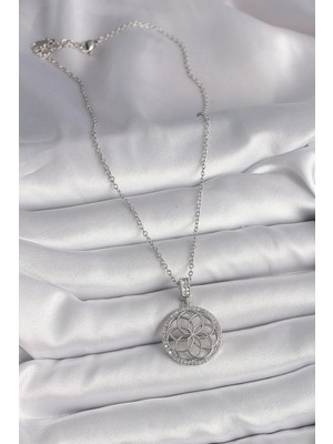 Alvo Store Buğz 316L Çelik Gümüş Renk Zincir Zirkon Taşlı Lotus Model Kadın Kolye - Buğz