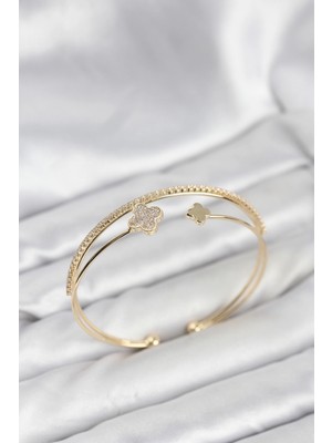 Alvo Store Buğz Yonca Model Pirinç Gold Renk Kadın Bileklik - Buğz