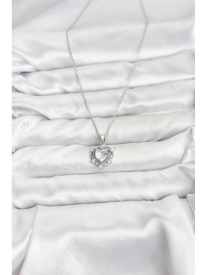 Alvo Store Buğz 316L Çelik Zincir Gümüş Renk Kalp Model Zirkon Taşlı Kadın Kolye - Buğz