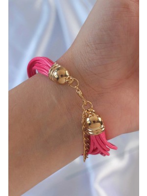 Alvo Store Buğz Pembe Renk Zirkon Taşlı Metal Aksesuarlı Ipli Çoklu Bileklik - Buğz