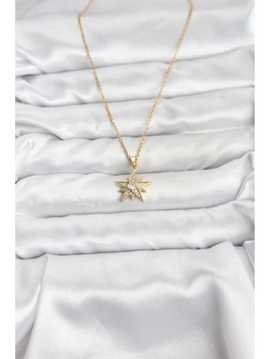 Alvo Store Buğz 316L Çelik Zincir Gold Renk Yıldız Model Zirkon Taşlı Kadın Kolye - Buğz