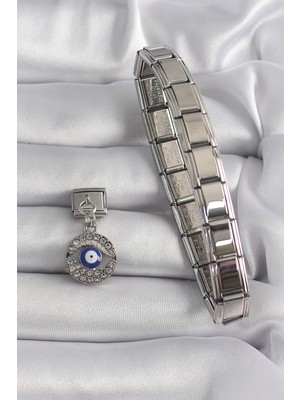 Alvo Store Buğz 316L Çelik Gümüş Renk Sallantı Zirkon Taşlı Göz Model Nazar Boncuk Detay Nomination Charm - Buğz