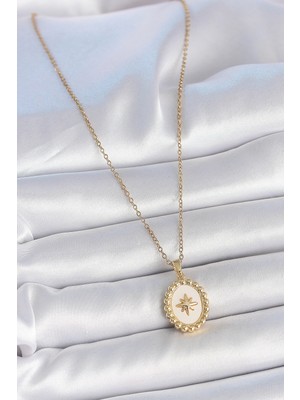 Alvo Store Buğz 316L Çelik Gold Renk Zincir Beyaz Mineli Kutup Yıldız Işlemeli Madalyon Model Kadın Kolye - Buğz