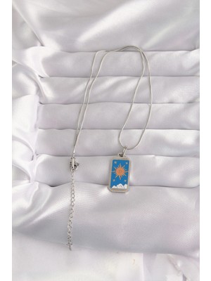 Alvo Store Buğz 316L Çelik Gümüş Renk Mavi Mineli Güneş Model Tarot Kolye - Buğz