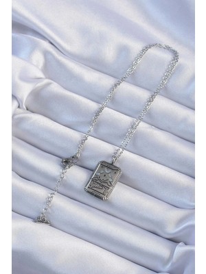 Alvo Store Buğz 316L Çelik Zincir Eskitme Gümüş Renk Ay Figürlü Tarot Kolye - Buğz