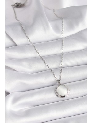 Alvo Store Buğz 316L Çelik Gümüş Renk Beyaz Sedefli Daire Model Kadın Kolye - Buğz