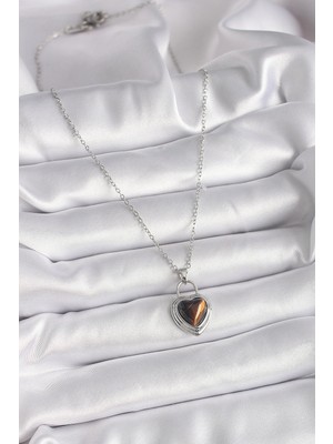 Alvo Store Buğz 316L Çelik Gümüş Renk Zincir Kilit Kalp Kehribar Boncuk Model Kadın Kolye - Buğz