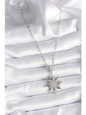 Alvo Store Buğz 316L Çelik Gümüş Renk Zirkon Taşlı Kutup Yıldızı Model Kadın Kolye - Buğz