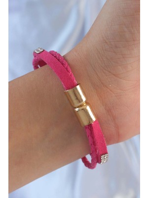 Alvo Store Buğz Pembe Renk Zirkon Taşlı Deri Çoklu Bileklik - Buğz