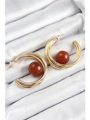 Alvo Store Buğz Pirinç Gold Renk Halka Model Kahverengi Boncuk Detay Kadın Küpe - Buğz
