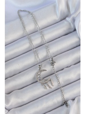 Alvo Store Buğz 316L Çelik Zincir Gümüş Renk Işlemeli Zirkon Taşlı Ay Kolye - Buğz
