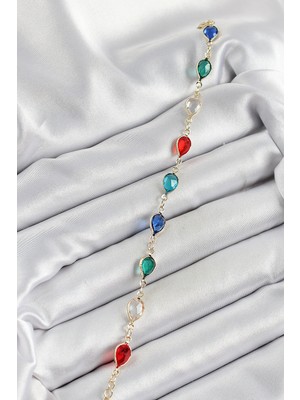 Alvo Store Buğz Pirinç Gold Renk Karışık Renk Damla Zirkon Taşlı Kadın Bileklik - Buğz