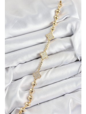 Alvo Store Buğz Pirinç Zirkon Taşlı Yonca Model Gold Renk Kadın Bileklik - Buğz