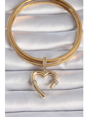 Alvo Store Buğz Pirinç Gold Renk Zirkon Taş Detaylı Kalp Figür Ajda Charm - Buğz