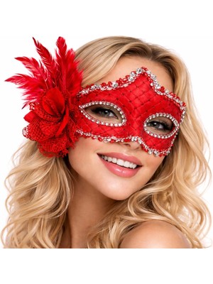 Alvo Store Buğz Kırmızı Tüylü Venedik Lüks Balo Maskesi