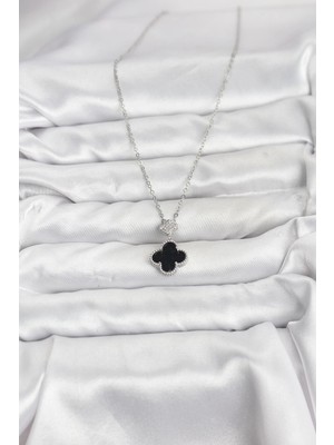 Alvo Store Buğz 316L Çelik Zincir Gümüş Renk Yonca Model Zirkon Taşlı Kadın Kolye - Buğz