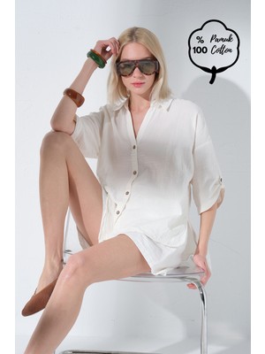 Maule %100 Pamuk Müslin Dokuma Kısa Kol Kol Apoletli Kısa Kol Gömlek @sevda
