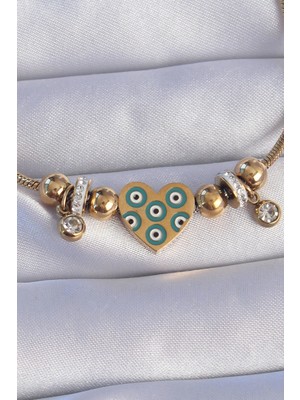 Alvo Store Buğz 316L Çelik Gold Renk Zirkon Taşlı Nazarlı Kalp Tasarımlı Bileklik - Buğz