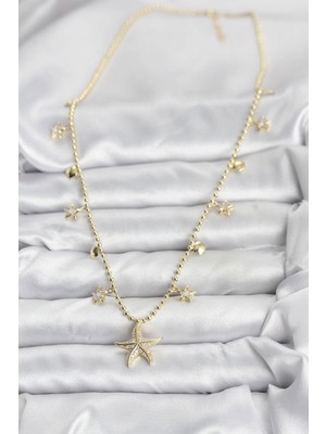 Alvo Store Buğz Pirinç Gold Renk Zirkon Taşlı Deniz Yıldızı Model Kadın Kolye - Buğz