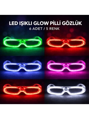 Alvo Store Buğz LED Işıklı Glow Pilli Parti Gözlüğü - Glow Efektli 6 Adet 5 Renk