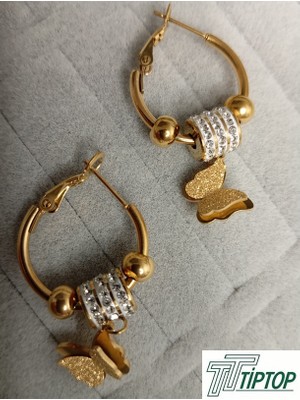 TIPTOP Kelebek Model Zirkon Taşlı Gold Renk Küpe