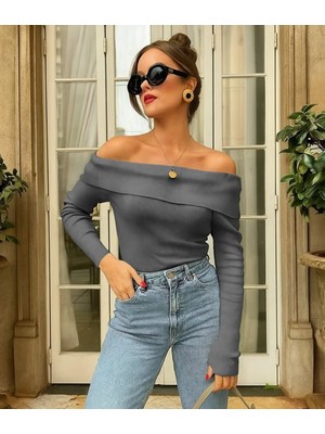 Celiora Style Kadın Kayık Yaka Omuz Açık Fitilli Triko Bluz Uzun Kollu Slim Fit Basic Günlük Şık 8 Renk