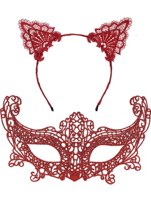 TE Dükkan Buğz Romantik Kırmızı Dantel Maske Seti – Kedi Kulaklı Taç ve Maske No 3
