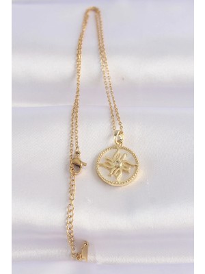 TE Dükkan Buğz 316L Çelik Zincir Altın Renk Zirkon Taşlı Oval Tasarım Güneş Kolye - Buğz