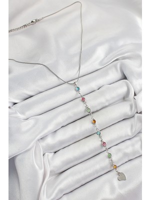 TE Dükkan Buğz Pirinç Gümüş Renk Karışık Renk Zirkon Taşlı Y Kadın Kolye - Buğz