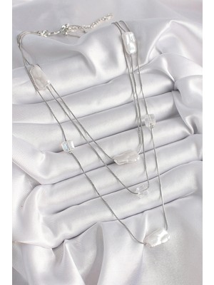 TE Dükkan Buğz Pirinç Gümüş Renk Ezme Inci Model Çoklu Kadın Kolye - Buğz