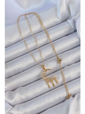 TE Dükkan Buğz 316L Çelik Zincir Altın Renk Işlemeli Zirkon Taşlı Ay Kolye - Buğz