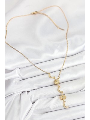 TE Dükkan Buğz 316L Çelik Zirkon Taşlı Güneş ve Ay Model Gold Renk Kadın Kolye - Buğz