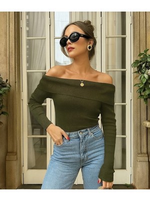 Celiora Style Kadın Kayık Yaka Omuz Açık Fitilli Triko Bluz Uzun Kollu Slim Fit Basic Günlük Şık 8 Renk