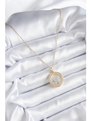 TE Dükkan Buğz 316L Çelik Gold Renk Zirkon Taş Detay Ay Yıldız Fanus Model Kadın Kolye - Buğz