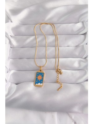 TE Dükkan Buğz 316L Çelik Gold Renk Mavi Mineli Güneş Model Tarot Kolye - Buğz