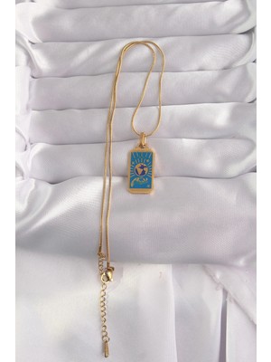 TE Dükkan Buğz 316L Çelik Gold Renk Mavi Mineli El Figür Tarot Kolye - Buğz