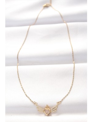 TE Dükkan Buğz 316L Çelik Gold Renk Zirkon Taşlı Kalpli Kanat Kolye - Buğz