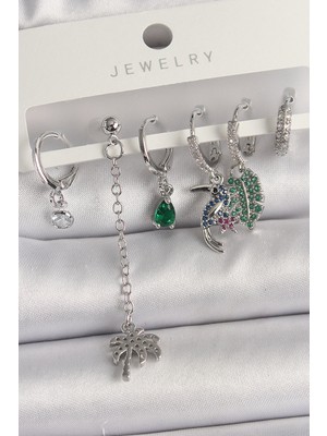 EkoAlışverişDünyam Pirinç Gümüş Renk Sallantı Zirkon Taşlı Ağaç Figür Çoklu Kadın Küpe Seti - TJ-BKP10119
