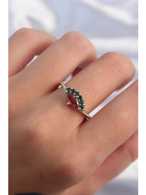 TE Dükkan Buğz Pirinç Gümüş Renk Renkli Zirkon Taşlı Ayarlanabilir Karpuz Model Yüzük - Buğz