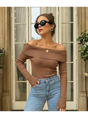 Celiora Style Kadın Kayık Yaka Omuz Açık Fitilli Triko Bluz Uzun Kollu Slim Fit Basic Günlük Şık 8 Renk