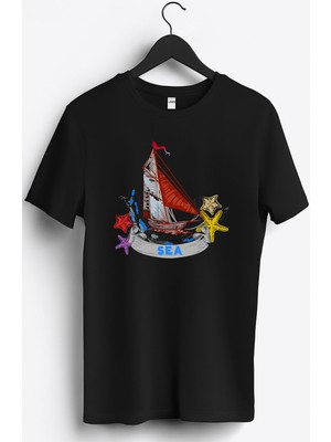 MGAX Denizci Yelkenli Gemi Arma Baskılı Regular Sıfır Yaka %100 Pamuk Unisex Penye T-Shirt