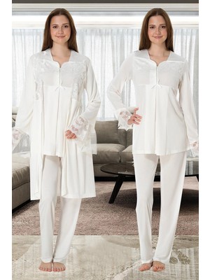 EkoAlışverişDünyam Effortt 4084 Dantelli Sabahlıklı Lohusa Pijama Takımı