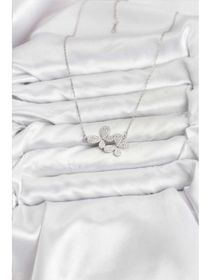 Alvo Store Buğz 316L Çelik Zincir Gümüş Renk Zirkon Taşlı Kelebek Model Kadın Kolye - Buğz