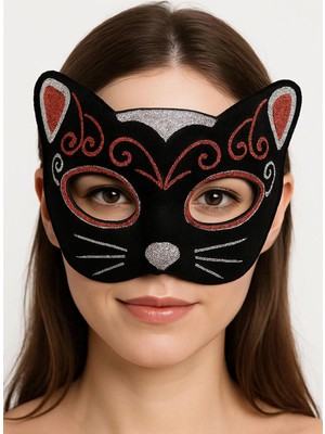 Alvo Store Buğz Kadife Dokulu Simli Kedi Maskesi Kırmızı Gümüş Detaylı