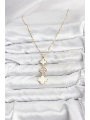 Alvo Store Buğz 316L Çelik Zincir Gold Renk Yonca Detaylı Zirkon Taşlı Kadın Kolye - Buğz