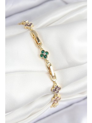Alvo Store Buğz Vıp Pirinç Renkli Zirkon Taşlı Yonca Model Gold Renk Kadın Bileklik - Buğz
