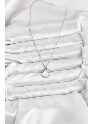 Alvo Store Buğz 316L Çelik Zincir Gümüş Renk Sedefli Yonca Kadın Kolye - Buğz
