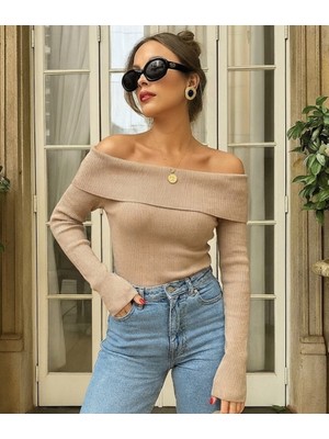 Celiora Style Kadın Kayık Yaka Omuz Açık Fitilli Triko Bluz Uzun Kollu Slim Fit Basic Günlük Şık 8 Renk